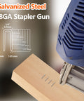 1000 Count 1/2 Inch 18 Gauge Narrow Crown Staples in use with stapler on wood, features 1/4 inch crown beveled point galvanized staples
