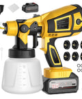 Real Deal Cordless Paint Sprayer With Dual 4000mAh Batteries And Beast Mode 650W Motor featuring a yellow sprayer, 1L tank, and various tips.