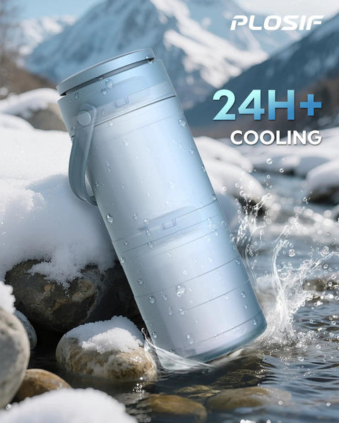 Portable Breast Milk Cooler Bottle With Digital Temp Display Keeps Nursing Bottles Fresh For Twenty Four Hours Using Swift Chill Cooling Tech No Sweat Design Blue beside snowy rocks.