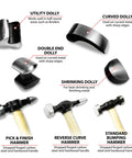 Image showing the 7-Piece Auto Body Repair Kit with Carbon Steel Hammer Heads and Dollies on Wood Handles, label details.