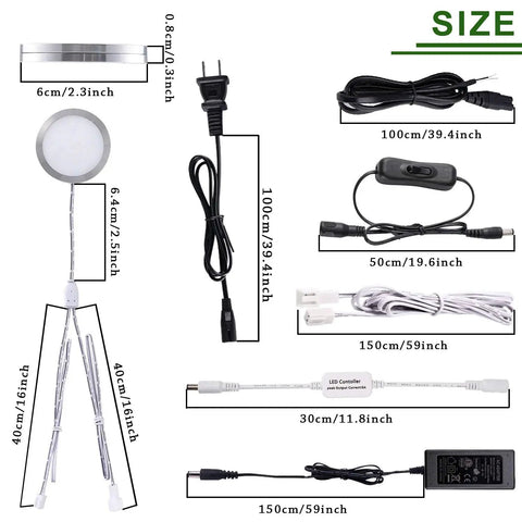 Dimensions of Dope Linkable Under Cabinet LED Puck Lights Kit 12V Dimmable with remote, wires, and connectors displayed