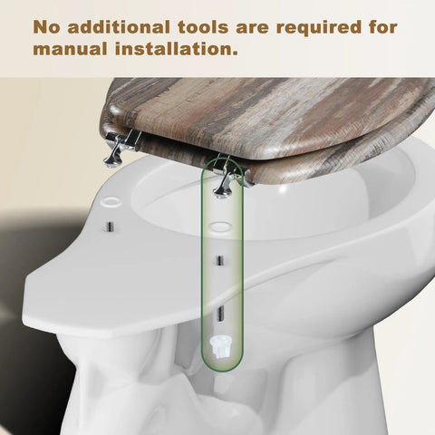 Round Wooden Toilet Seat heavy duty with Zinc Alloy Hinges, easy installation process shown, fits standard toilets.