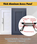 Heavy Duty White Lockable Access Door For Crawl Space And Attic Projects Flush Mount Insulated Wall Panel shown in white and dark aluminum.