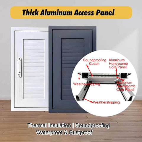 Heavy Duty White Lockable Access Door For Crawl Space And Attic Projects Flush Mount Insulated Wall Panel shown in white and dark aluminum.