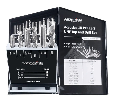 18 Piece HSS UNF Tap And Drill Set With Fully Ground Taps And Drills For Precision Threading Includes UNF Sizes Six Forty UNF To One Half Twenty UNF And Drill Bits Thirty Three Twenty Nine Twenty Five Twenty One I Q
