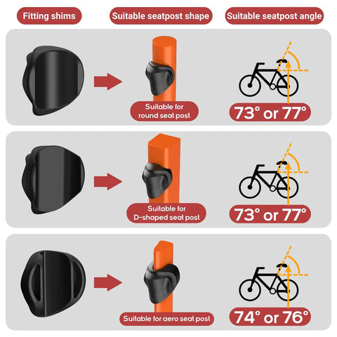 Diagram showing Seat Post Mount For Wahoo TRACKR Radar with fitting options for round, D-shaped, and aero seat posts.