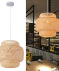 Handwoven Bamboo Pendant Light For Boho Farmhouse Vibe, 15.75 Inch Rattan Hanging Lamp shown in modern dining room