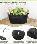 Three Pack 10.5 Inch Hanging Flower Pots For Railings And Fences, Metal Wall Planters With Drainage Holes And Easy Hang Hooks, Black