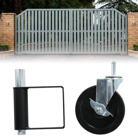 Rock Solid Spring Loaded Gate Wheels That Roll Smooth As Butter, 5" rubber roller, aluminum caster for easy gate movement.