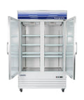 Commercial Glass Door Merchandiser Refrigerator 53 Inches Wide Dropping 45 Cu Ft with two open doors and eight wire shelves.