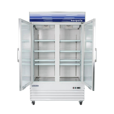Commercial Glass Door Merchandiser Refrigerator 53 Inches Wide Dropping 45 Cu Ft with two open doors and eight wire shelves.