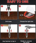 Steps showing how to use the Upgraded 6 Piece Screw Extractor Set For Stripped Broken Stuck Screws Easy Out Damaged Bolt Remover Kit