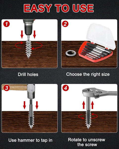 Steps showing how to use the Upgraded 6 Piece Screw Extractor Set For Stripped Broken Stuck Screws Easy Out Damaged Bolt Remover Kit