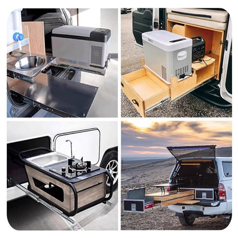 Heavy Duty Side Mount Drawer Slides Double Ball Steel Track Built Tough As Nails With Bidirectional Locking For Bedroom Drawers slickly holding kitchen setups in a van.