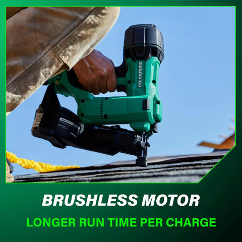 18V MultiVolt Brushless Cordless Coil Roofing Nailer Kit with 2.0Ah battery in use on roof showing close-up of side-loading magazine