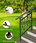 Adjustable Three Step Handrail For Outdoor Stairs With Heavy Duty Rust Resistant Zinc Steel Build and stylish floral accents on stairs.