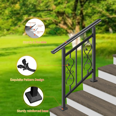 Adjustable Three Step Handrail For Outdoor Stairs With Heavy Duty Rust Resistant Zinc Steel Build and stylish floral accents on stairs.