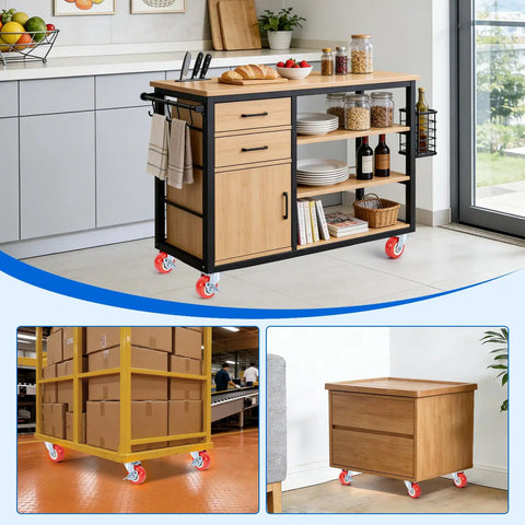 2.5 Inch Mixed Locking And Swivel Casters Set Of 4 with Side Brakes and PU Wheels on kitchen island, shelves, and storage box