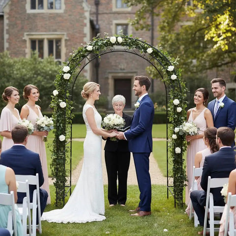 Wedding ceremony under Built Tough 7Ft Steel Garden Arbor With Side Trellis Rust Resistant Powder Coated Archway for Outdoor Decor