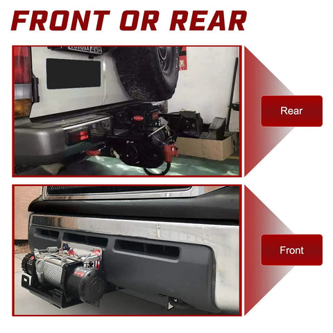 Universal 2 Inch Receiver Winch Mount Plate Beefed Up Heavy Duty Cradle Bracket For ATV UTV SUV Truck Pickup Pre Drilled Winch Mount Fits Most Winches For Towing And Recovery On The Go shown on rear and front of vehicles
