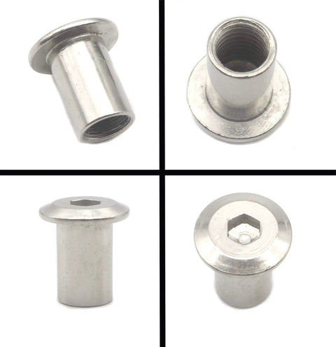 Hella Sturdy M8 X 18mm Barrel Nuts With Hex Socket Cap Design And Heavy Duty Iron Insert Rivets Built For Furniture DIY Projects Featuring A Knockout 20 Pack Hardware Kit With Classic Silver Finish, close-up view.
