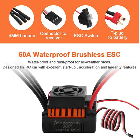 Beefed Up 1/10 Scale Brushless RC Motor And 60A ESC Combo with 4370KV F540 Sensorless Motor, Programming Card visible