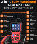All In One OBD2 Scanner With Battery Tester showing screen and features for 1996 and newer cars diagnostics