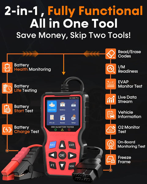 All In One OBD2 Scanner With Battery Tester showing screen and features for 1996 and newer cars diagnostics