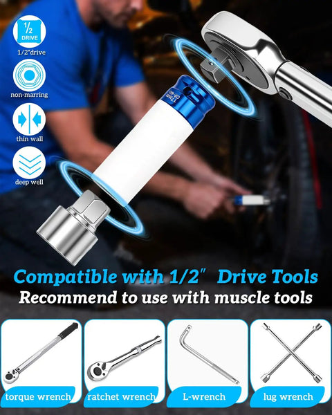 Close-up of Volkswagen Wheel Lock Key And Lug Nut Key Tool for VW Cars with compatible drive tools and wrenches.