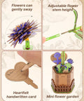 3D Dahlia Flower Wooden Puzzle Kit featuring adjustable stem, swaying flowers, handwritten card, and mini flower garden display