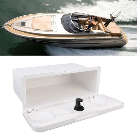White plastic pontoon boat glove box with lid open; built-in cup holders and storage compartments.