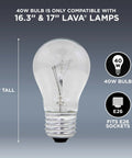 40 Watt Replacement Lamp Bulbs For Lava Lamps 16.3 Inch And 17 Inch Models, clear bulb with E26 socket, 4.5 inches tall