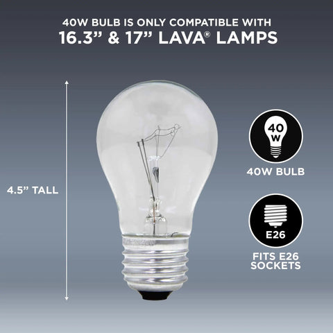 40 Watt Replacement Lamp Bulbs For Lava Lamps 16.3 Inch And 17 Inch Models, clear bulb with E26 socket, 4.5 inches tall