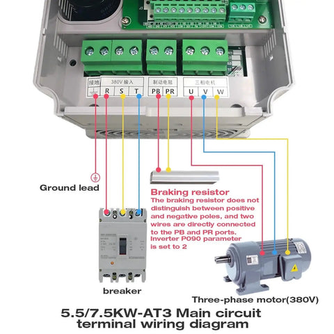 AC 380V 5.5KW Variable Frequency Drive VFD Inverter For 3-Phase Motors, Speed Controller, Frequency Converter, Industrial Motor Control, Beefed-Up Inverter wiring diagram with breaker, brake resistor and three-phase motor