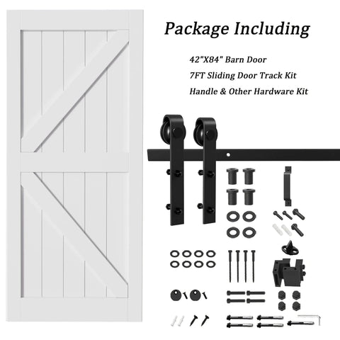 42 Inch By 84 Inch Sliding Barn Door Kit With 7 Ft Hardware Track Included Heavy Duty Water Resistant Anti Scratch White MDF Wood Door DIY Friendly Easy Install K Frame with packaging contents shown