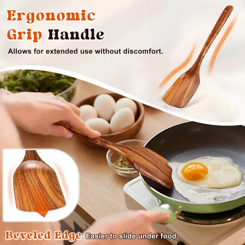 Cooking egg with Two Pack Acacia Wood Spatulas Set With Solid And Slotted Turners Long Handle Flat Frying Spatulas.