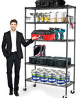 Beefy 5 Tier Heavy Duty Metal Rolling Shelving Unit With Wheels And 8 Hooks 1750 Lbs Total Capacity Adjustable Garage Wire Racks Ideal For Kitchen Bathroom Pantry Or Industrial Storage 36 W x 14 D x 72 H Black, with tools and paint cans
