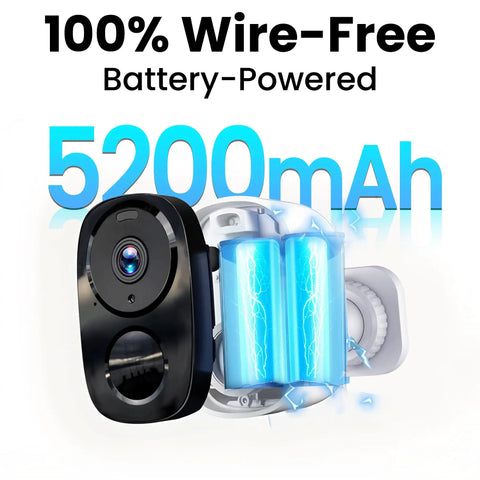 2K Ultra HD Outdoor Wireless Security Cameras With AI Motion Spotlight showcasing 5200mAh battery and wire-free design