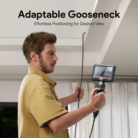 5 Inch IPS Screen Articulating Borescope Endoscope Camera With Light 210 Degree Two Way Articulation For Hard To Reach Corners And Hidden Issues In Engines Pipes And Ducts. man using flexible gooseneck indoors
