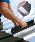 Person using 16 Inch Sheet Metal Bender for HVAC Ductwork and Roofing Panels Hemming Forming, adjustable folding depths on metal roof.