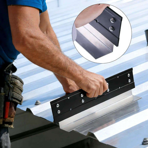 Person using 16 Inch Sheet Metal Bender for HVAC Ductwork and Roofing Panels Hemming Forming, adjustable folding depths on metal roof.