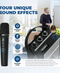 All In One Wireless Voice Amplifier With Handheld Mic And Portable Bluetooth Speaker For Teachers And Events, S98 Pro, shown with control panel and sound effects display in classroom setting.