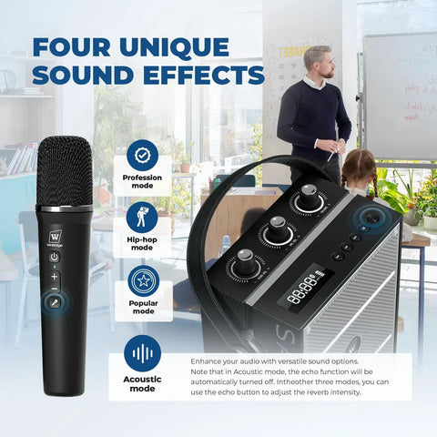 All In One Wireless Voice Amplifier With Handheld Mic And Portable Bluetooth Speaker For Teachers And Events, S98 Pro, shown with control panel and sound effects display in classroom setting.