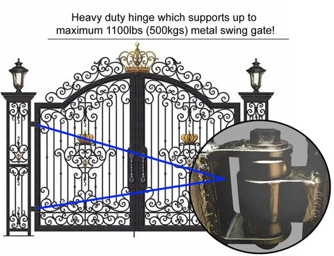 Heavy Duty Weld On Gate Hinges Pair With Sealed Bearings Built Tough Adjustable Yoke Pivot For Large Iron And Steel Gates Support Up To 1100lbs Per Pair Easy Install For Driveways And Security Gates, black metal swing gate hinge close-up