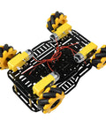 Mecanum wheel robotics kit with black and yellow aluminum chassis, featuring four omnidirectional wheels and TT motors for DIY projects.