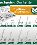 245 Pcs Pop Rivets Kit For Metal And Aluminum Blind Rivets In 8 Sizes M3.2 M5 M6.4 For Auto Body Sheet Metal Repair