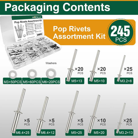 245 Pcs Pop Rivets Kit For Metal And Aluminum Blind Rivets In 8 Sizes M3.2 M5 M6.4 For Auto Body Sheet Metal Repair