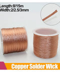 Spools of Pro Grade Solder Wick Desoldering Copper Wire Braid 8M Long for PCB BGA Cleanup with close-up detail view.