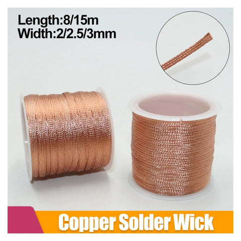 Spools of Pro Grade Solder Wick Desoldering Copper Wire Braid 8M Long for PCB BGA Cleanup with close-up detail view.
