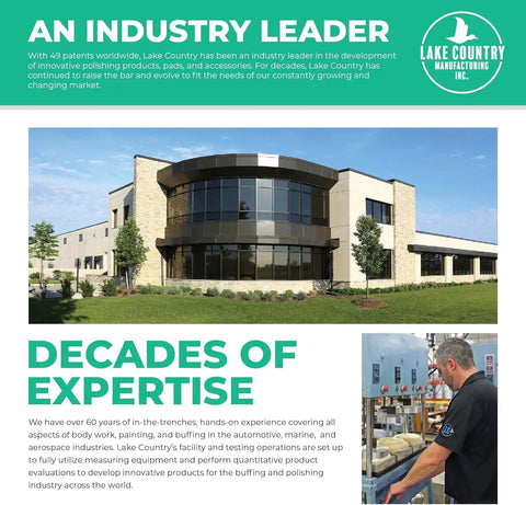 Exterior of Lake Country Manufacturing building, leader in polishing products; employee operating machinery inside
